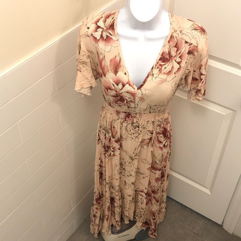Abel The Label Peach & Burgundy color Floral High-Low Midi Dress  size  M new .